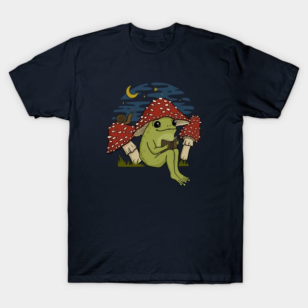 Cute Frog in Mushroom Hat Reading a Book, Goblincore Toad Toadstool Under Starry Cottagecore Sky T-Shirt by Ministry Of Frogs